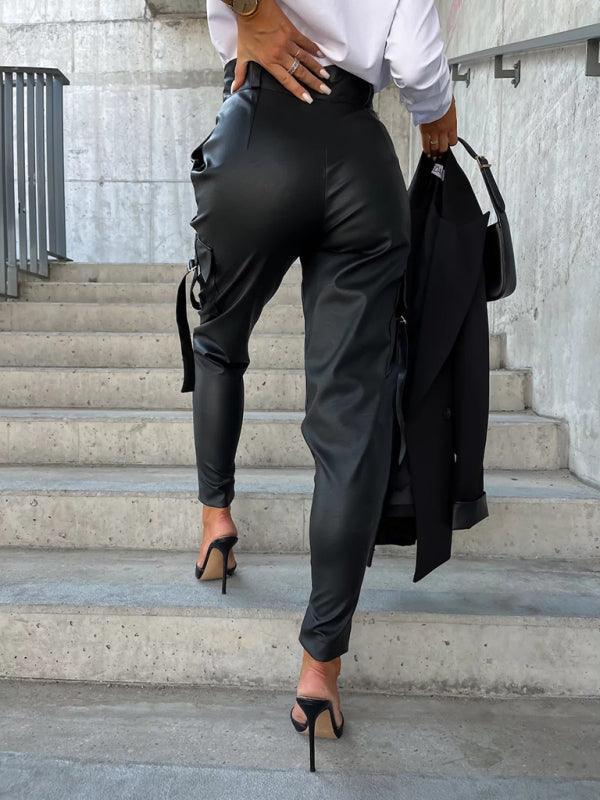 Women's Fashion Slim Fit PU Leather Waist Leg Pants Pockets - 808Lush