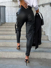 Women's Fashion Slim Fit PU Leather Waist Leg Pants Pockets - 808Lush