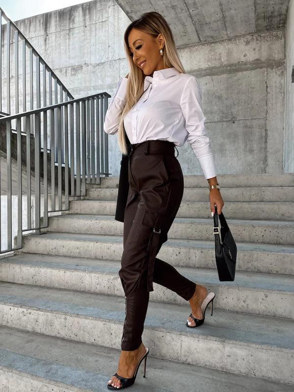 Women's Fashion Slim Fit PU Leather Waist Leg Pants Pockets - 808Lush