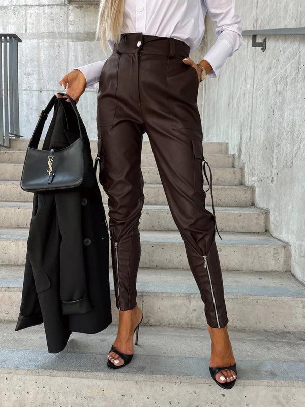 Women's Fashion Slim Fit PU Leather Waist Leg Pants Pockets - 808Lush