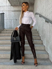Women's Fashion Slim Fit PU Leather Waist Leg Pants Pockets - 808Lush
