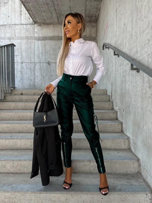 Women's Fashion Slim Fit PU Leather Waist Leg Pants Pockets - 808Lush