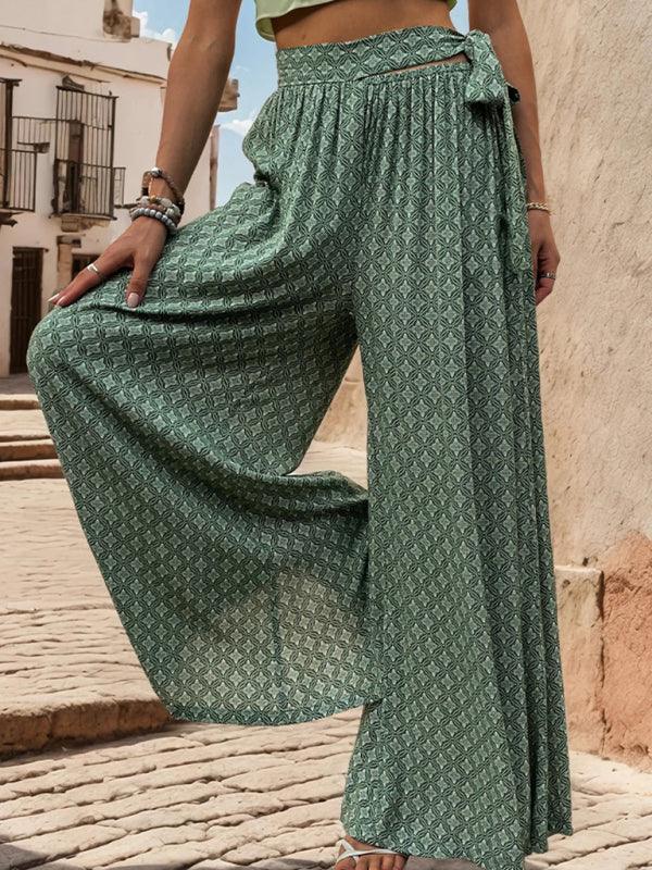 women's lace-up high-waisted casual printed wide-leg trousers - 808Lush