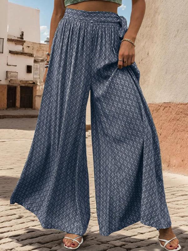 women's lace-up high-waisted casual printed wide-leg trousers - 808Lush