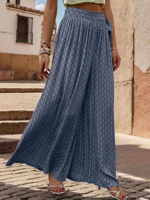 women's lace-up high-waisted casual printed wide-leg trousers - 808Lush