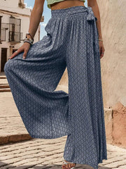 women's lace-up high-waisted casual printed wide-leg trousers - 808Lush