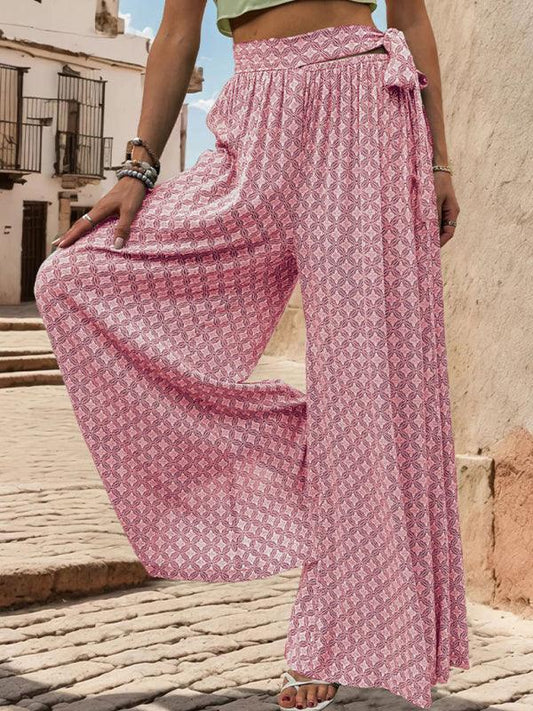 women's lace-up high-waisted casual printed wide-leg trousers - 808Lush