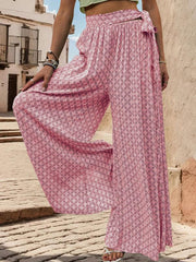 women's lace-up high-waisted casual printed wide-leg trousers - 808Lush