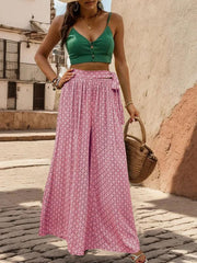 women's lace-up high-waisted casual printed wide-leg trousers - 808Lush