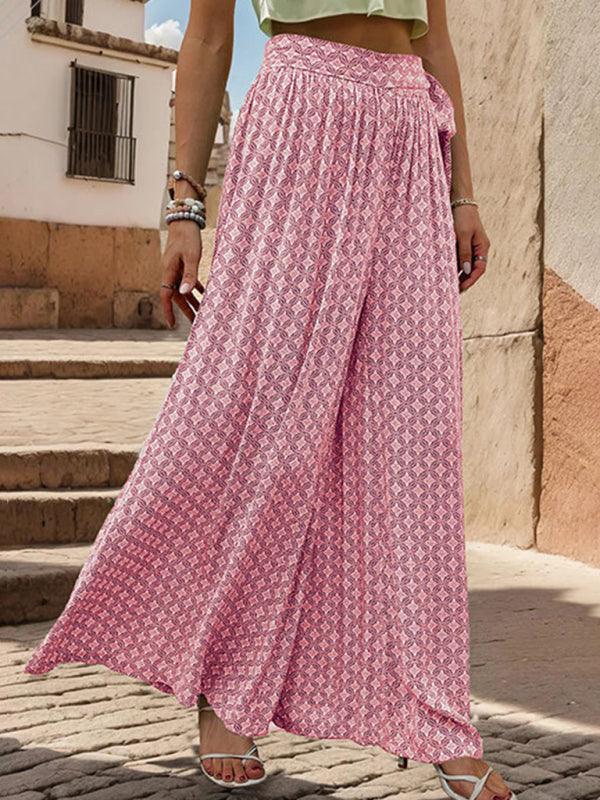 women's lace-up high-waisted casual printed wide-leg trousers - 808Lush