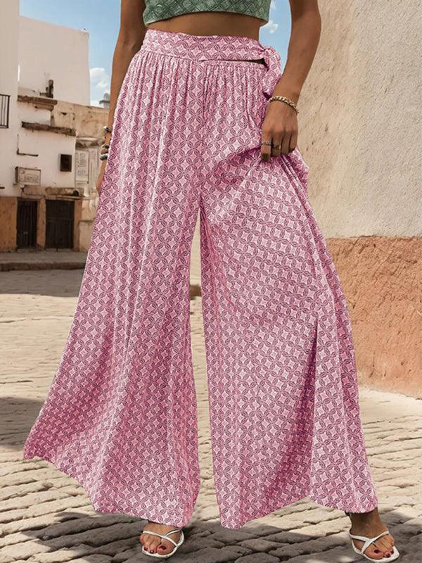 women's lace-up high-waisted casual printed wide-leg trousers - 808Lush