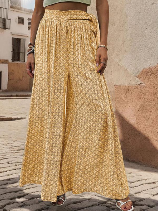 women's lace-up high-waisted casual printed wide-leg trousers - 808Lush