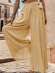 women's lace-up high-waisted casual printed wide-leg trousers - 808Lush