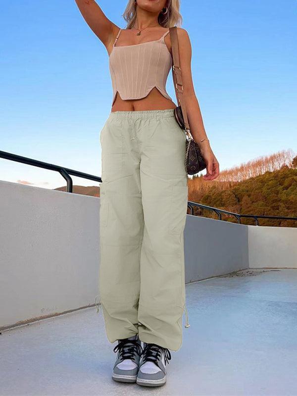 Loose strapped multi-pocket straight cargo casual pants - 808Lush