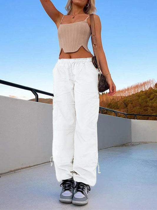 Loose strapped multi-pocket straight cargo casual pants - 808Lush