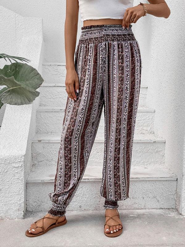 Women's elastic trousers ethnic style high waist printed trousers - 808Lush