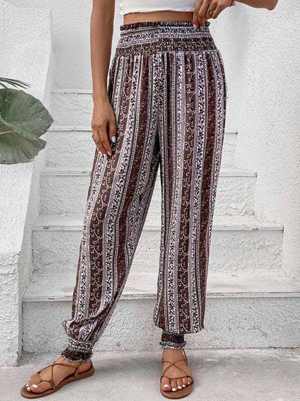 Women's elastic trousers ethnic style high waist printed trousers - 808Lush