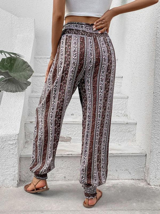 Women's elastic trousers ethnic style high waist printed trousers - 808Lush