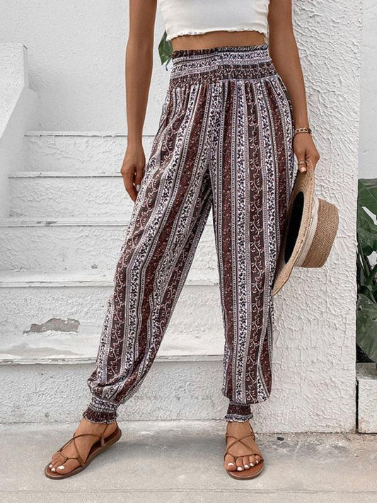 Women's elastic trousers ethnic style high waist printed trousers - 808Lush