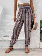 Women's elastic trousers ethnic style high waist printed trousers - 808Lush