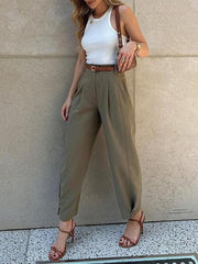Women's Fashionable Solid Color Loose High Waist Nine-Point Suit Pants - 808Lush