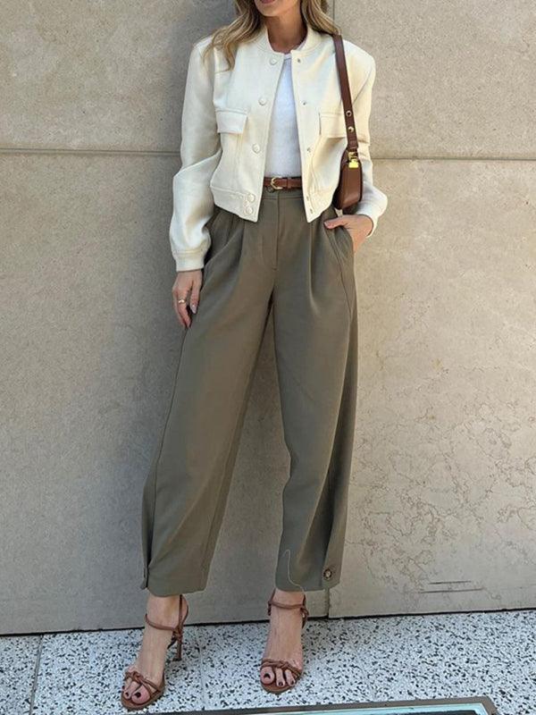 Women's Fashionable Solid Color Loose High Waist Nine-Point Suit Pants - 808Lush