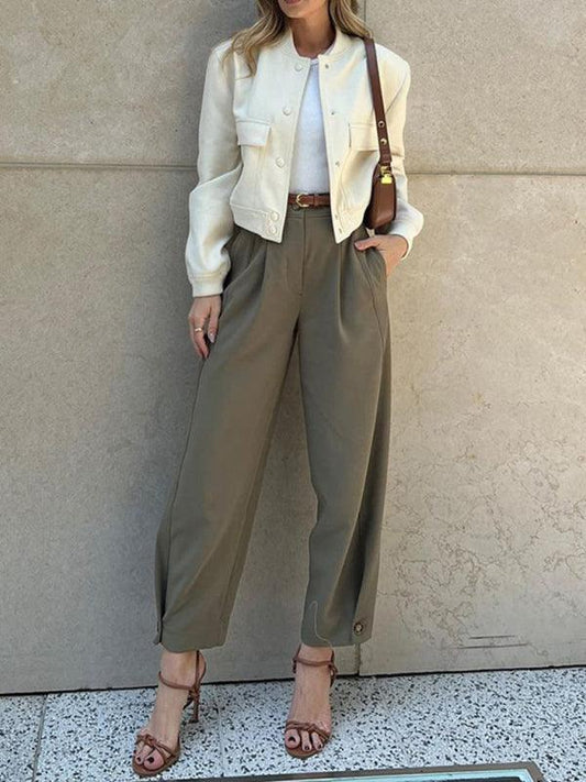 Women's Fashionable Solid Color Loose High Waist Nine-Point Suit Pants - 808Lush