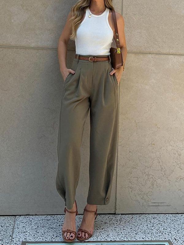 Women's Fashionable Solid Color Loose High Waist Nine-Point Suit Pants - 808Lush