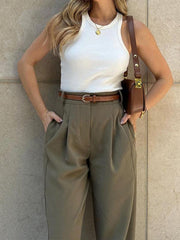 Women's Fashionable Solid Color Loose High Waist Nine-Point Suit Pants - 808Lush