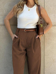 Women's Fashionable Solid Color Loose High Waist Nine-Point Suit Pants - 808Lush
