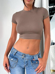 Y2K solid color slim fit cropped short-sleeved top - 808Lush