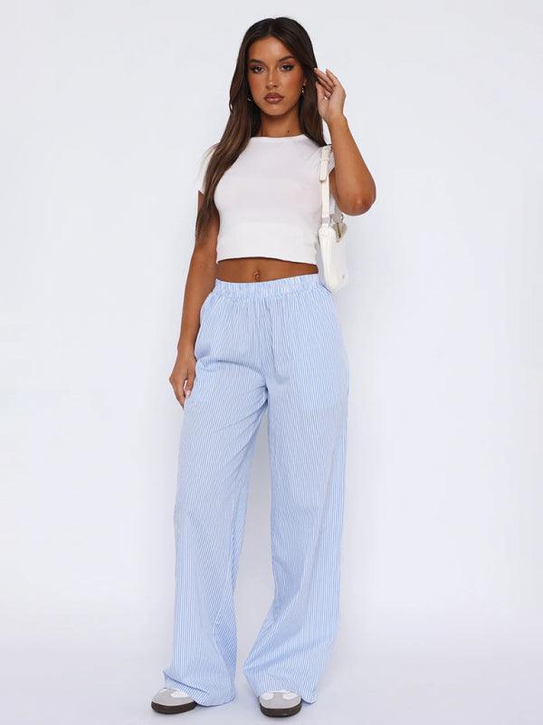 Fashionable casual striped trousers striped printed wide leg trousers - 808Lush