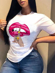 sexy leopard print lips t-shirt round neck short-sleeved T-shirt women's top - 808Lush