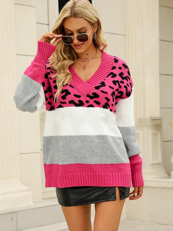 v-neck sweater women's cross-borde leopard print color matching knitted sweater women - 808Lush
