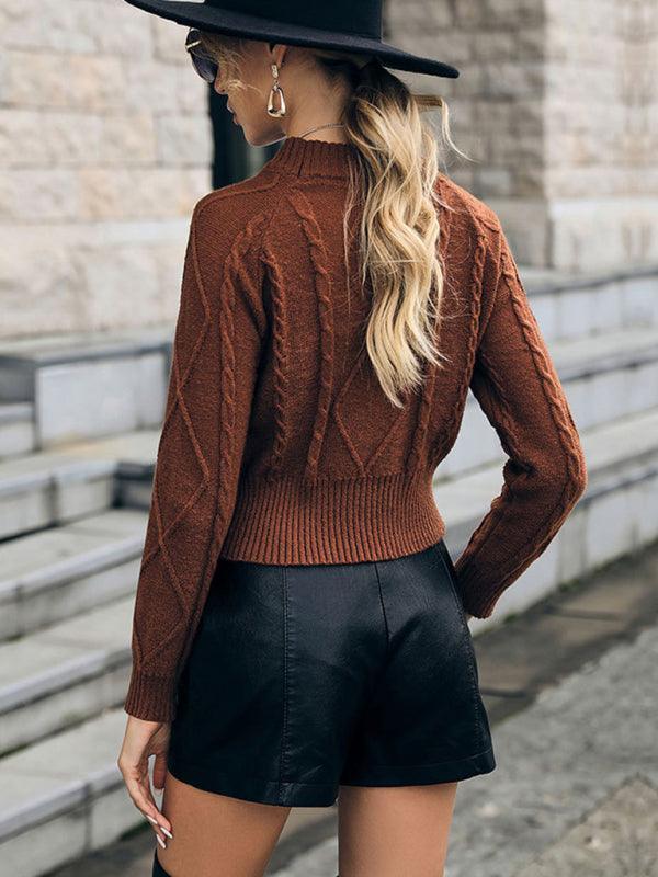 women's casual long sleeve solid color twist short sweater - 808Lush