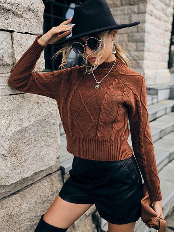 women's casual long sleeve solid color twist short sweater - 808Lush