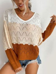 women's hollow color block long sleeve crew neck knitted sweater - 808Lush