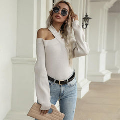 women's knitted pullover solid color cutout off-the-shoulder sweater - 808Lush
