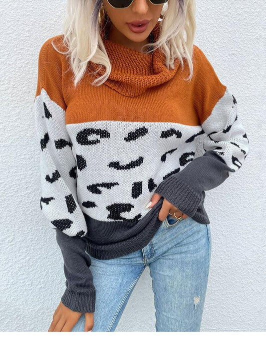 women's leopard print contrast color long sleeve pullover sweater - 808Lush