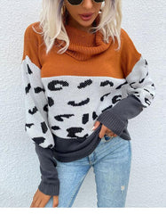 women's leopard print contrast color long sleeve pullover sweater - 808Lush