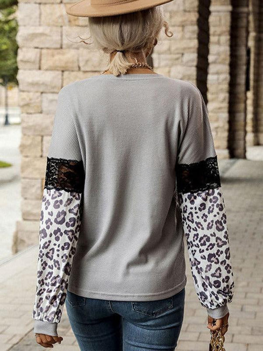 women's leopard print long-sleeved contrast color knitted top - 808Lush