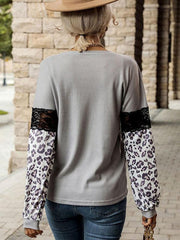 women's leopard print long-sleeved contrast color knitted top - 808Lush