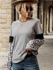 women's leopard print long-sleeved contrast color knitted top - 808Lush