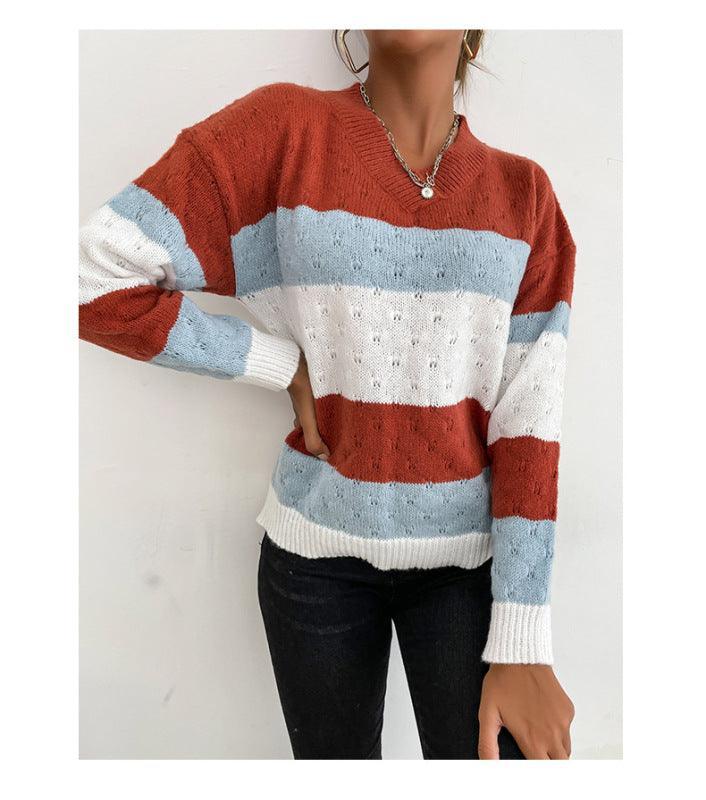 women's loose color matching long sleeve sweater top - 808Lush