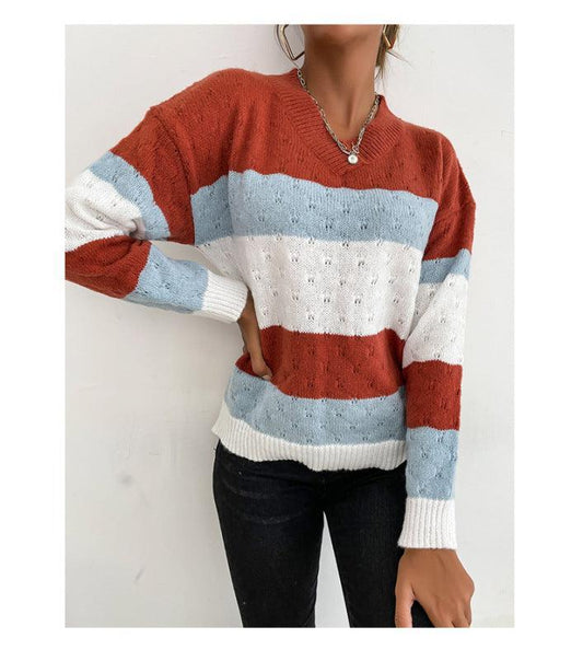 women's loose color matching long sleeve sweater top - 808Lush