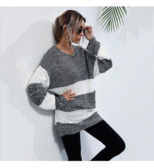 women's mid-length color block knitted sweater - 808Lush