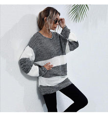 women's mid-length color block knitted sweater - 808Lush