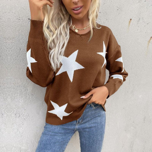 women's pentagram round neck long sleeve bottoming knitted sweater - 808Lush