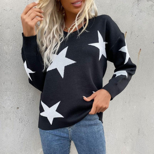 women's pentagram round neck long sleeve bottoming knitted sweater - 808Lush